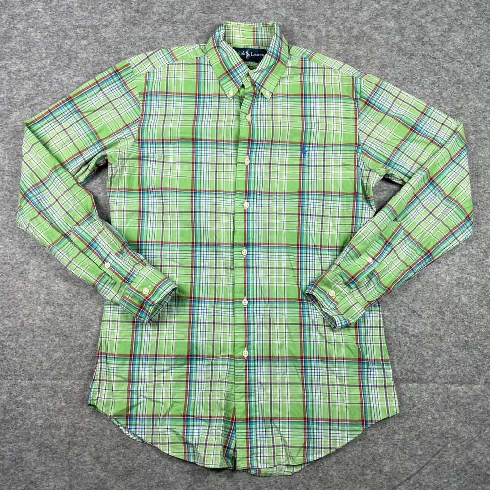 VTG Ralph Lauren Button Down Mens S Green Custom Fit Plaid Long Sleeve Shirt 90s
